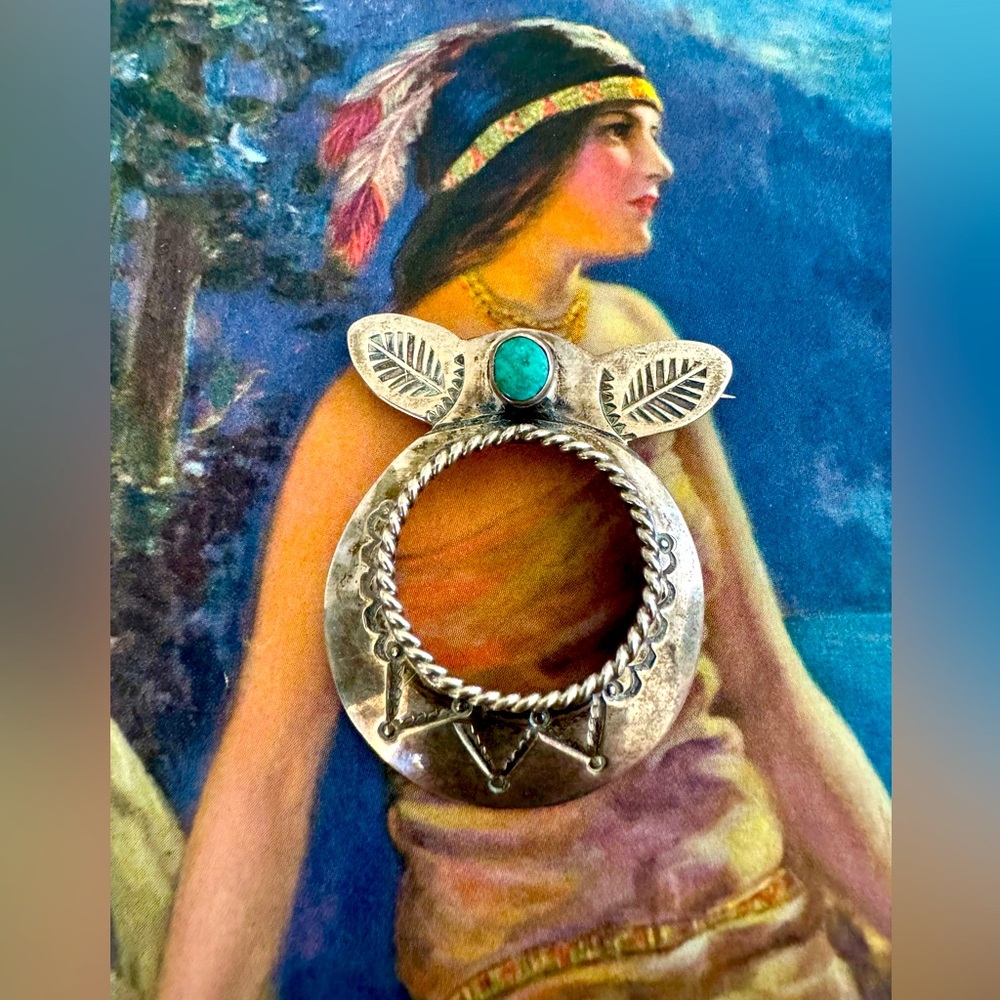 FRED HARVEY 1940s Navajo Silver and Turquoise Brooch, SW, Malibu, tribal